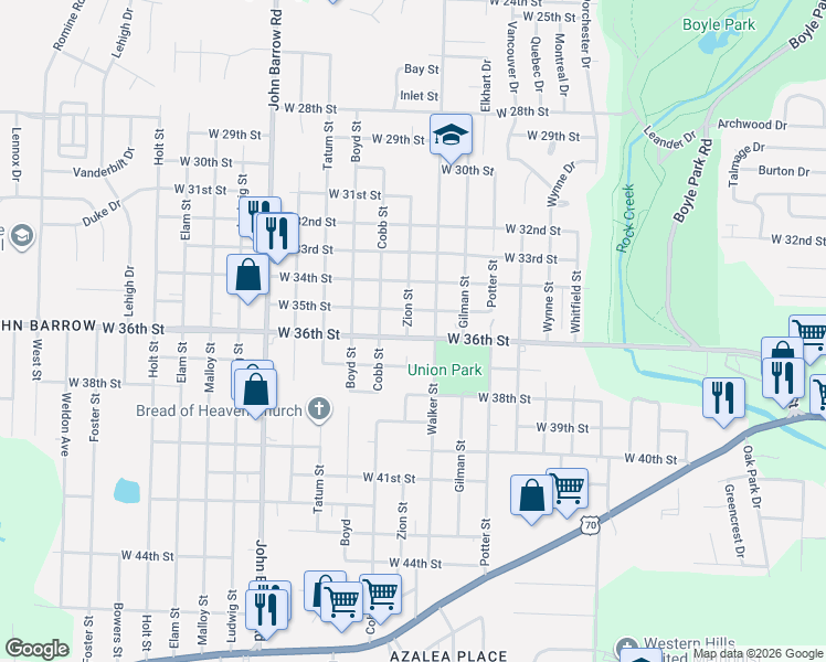 map of restaurants, bars, coffee shops, grocery stores, and more near 8209 West 36th Street in Little Rock