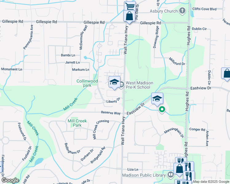 map of restaurants, bars, coffee shops, grocery stores, and more near 4976 Wall Triana Highway in Madison