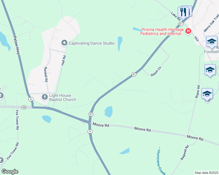 map of restaurants, bars, coffee shops, grocery stores, and more near 100 Brookstone Drive in Easley