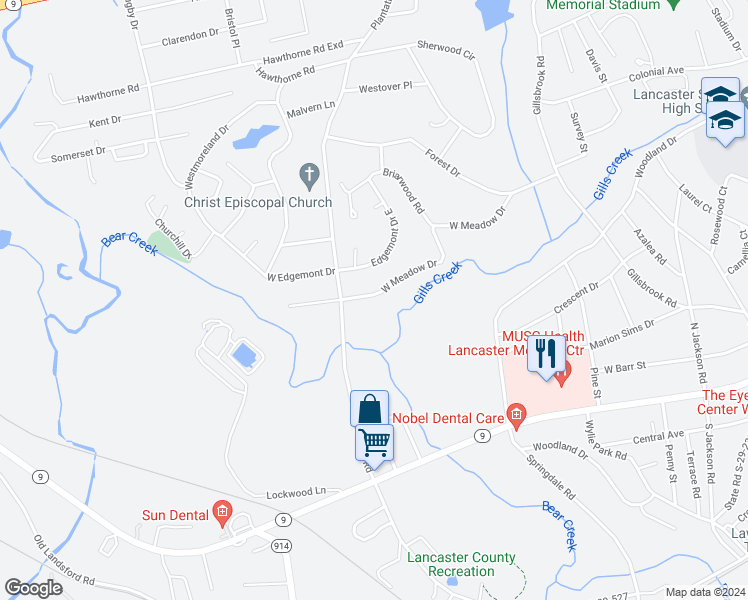 map of restaurants, bars, coffee shops, grocery stores, and more near 1033 West Meadow Drive in Lancaster