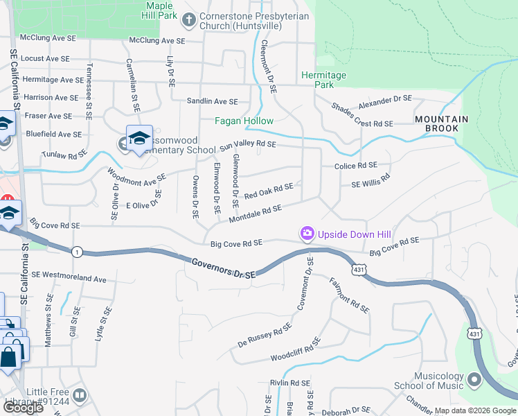 map of restaurants, bars, coffee shops, grocery stores, and more near 1606 Montdale Road Southeast in Huntsville