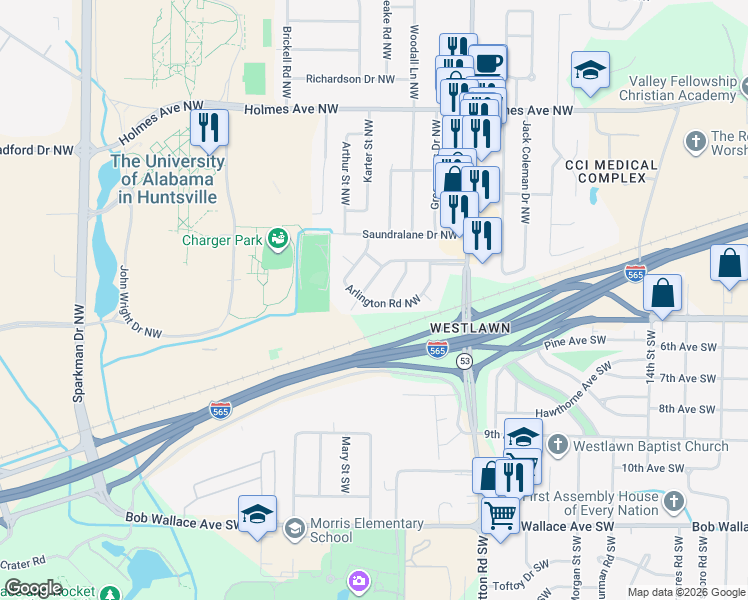 map of restaurants, bars, coffee shops, grocery stores, and more near 4203 Arlington Circle Northwest in Huntsville