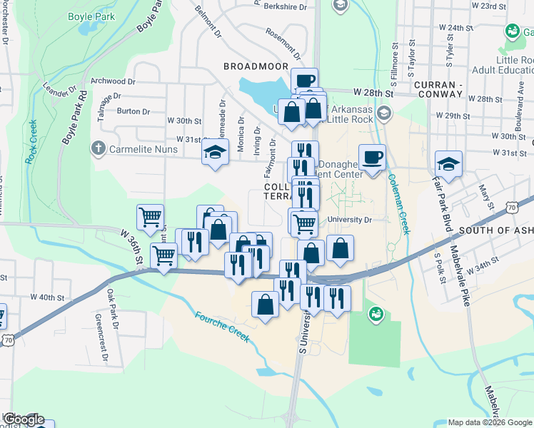 map of restaurants, bars, coffee shops, grocery stores, and more near 26 Purdue Circle in Little Rock