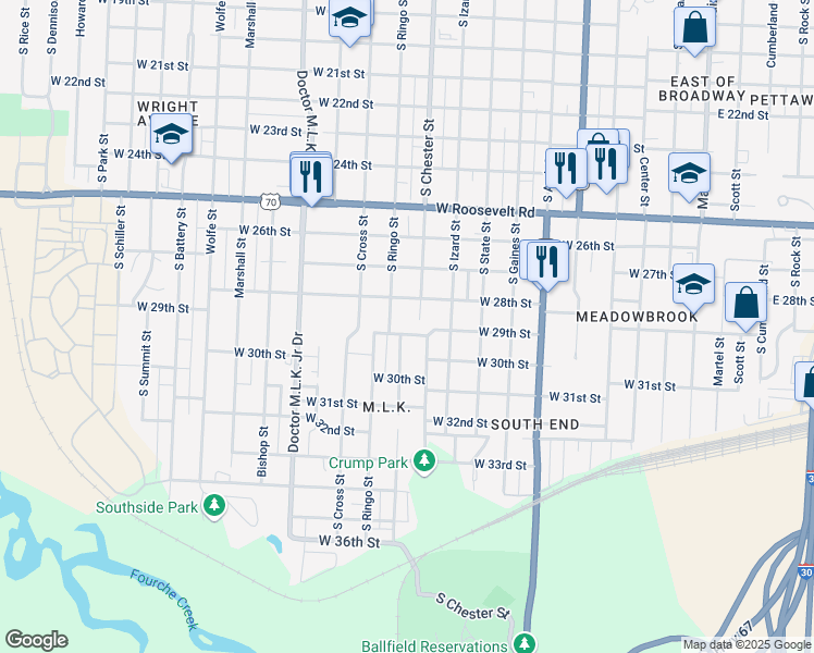 map of restaurants, bars, coffee shops, grocery stores, and more near 2902 South Chester Street in Little Rock