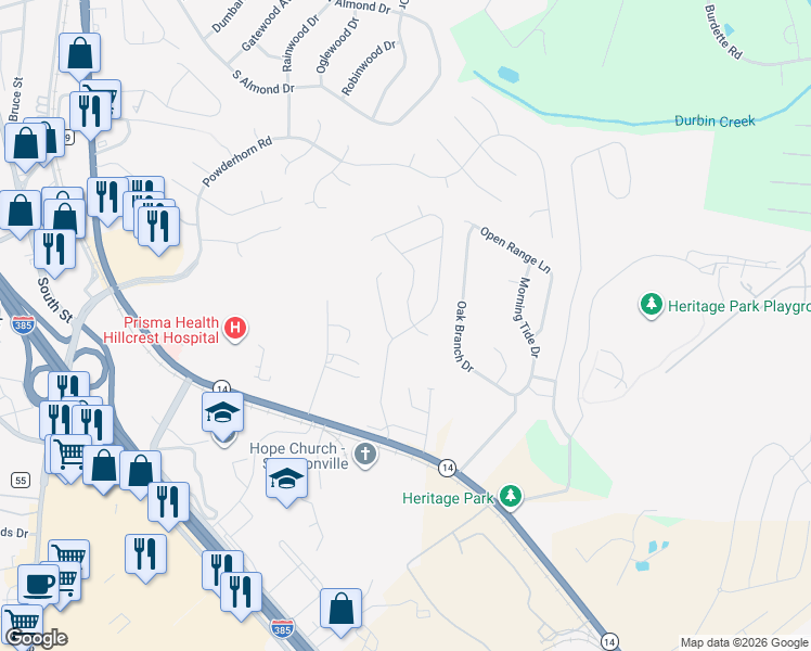 map of restaurants, bars, coffee shops, grocery stores, and more near 101 Silver Falls Drive in Simpsonville
