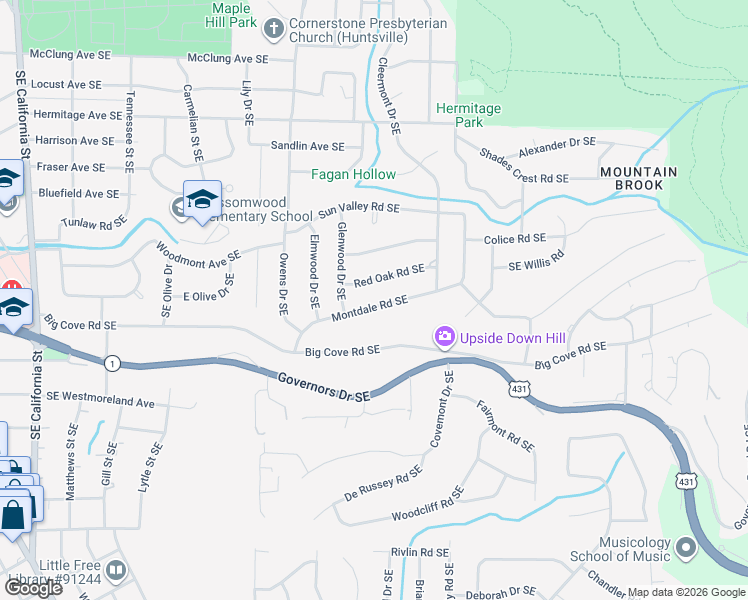 map of restaurants, bars, coffee shops, grocery stores, and more near 1606 Montdale Road Southeast in Huntsville