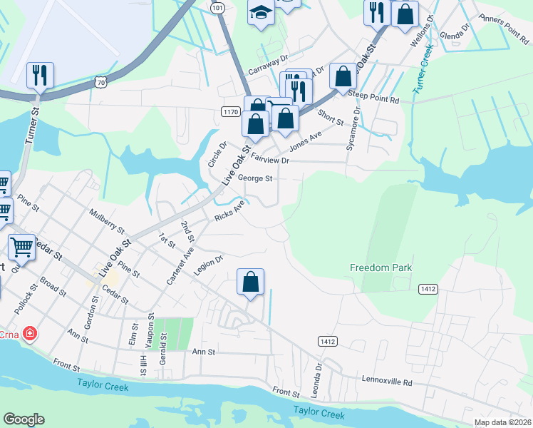 map of restaurants, bars, coffee shops, grocery stores, and more near 113 Sherwood Boulevard in Beaufort