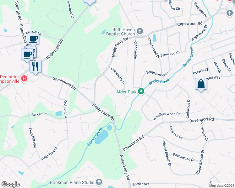 map of restaurants, bars, coffee shops, grocery stores, and more near 120 Boxelder Lane in Simpsonville