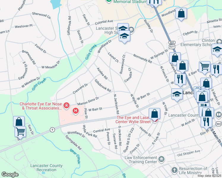 map of restaurants, bars, coffee shops, grocery stores, and more near 401 Gillsbrook Road in Lancaster