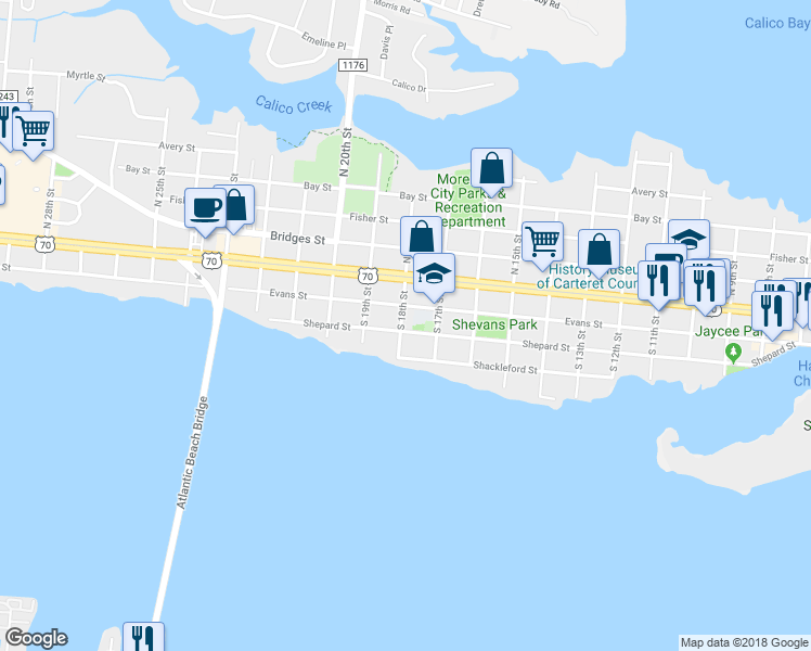 map of restaurants, bars, coffee shops, grocery stores, and more near 1712 Shepard Street in Morehead City