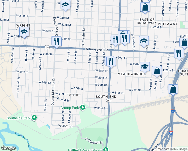 map of restaurants, bars, coffee shops, grocery stores, and more near 2900 South State Street in Little Rock