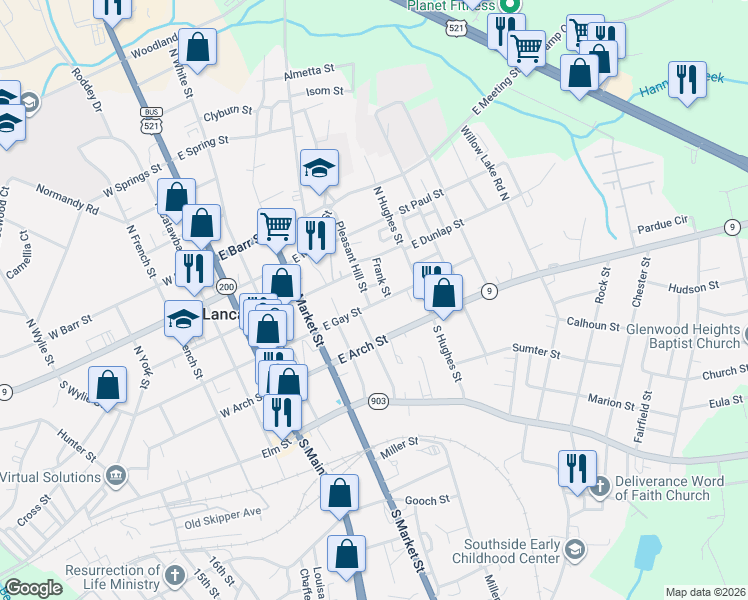 map of restaurants, bars, coffee shops, grocery stores, and more near 409 East Gay Street in Lancaster