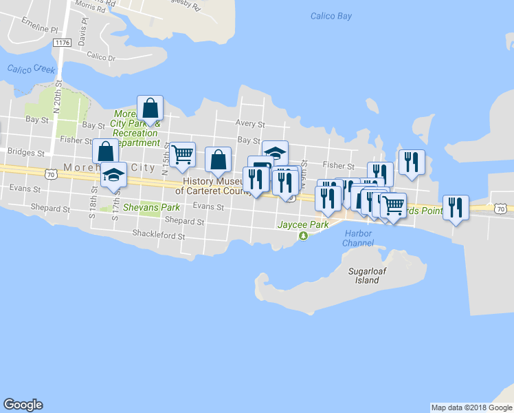 map of restaurants, bars, coffee shops, grocery stores, and more near 1012 Evans Street in Morehead City