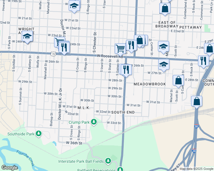 map of restaurants, bars, coffee shops, grocery stores, and more near 2900 South State Street in Little Rock