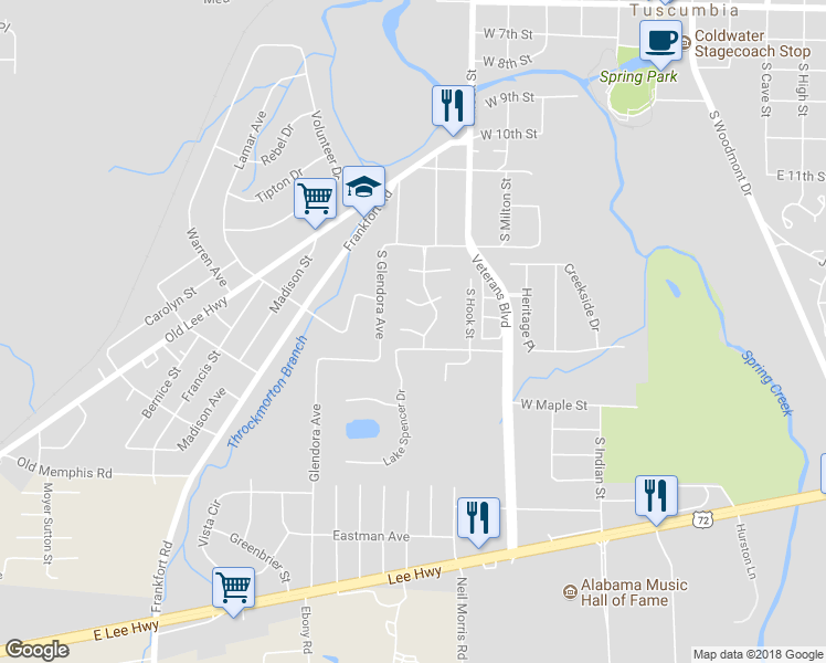 map of restaurants, bars, coffee shops, grocery stores, and more near 101 Gibbs Court in Tuscumbia