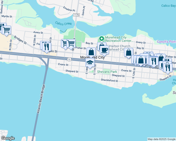 map of restaurants, bars, coffee shops, grocery stores, and more near 1712 Shepard Street in Morehead City