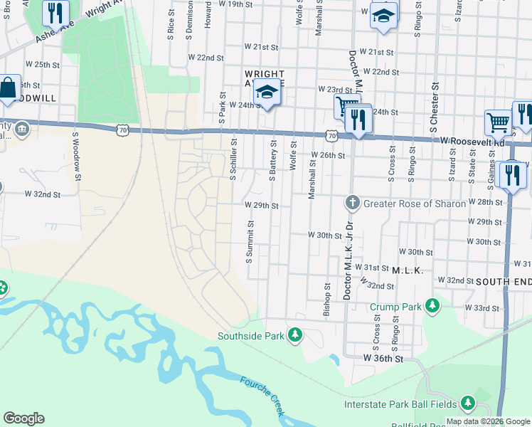 map of restaurants, bars, coffee shops, grocery stores, and more near 2924 South Battery Street in Little Rock