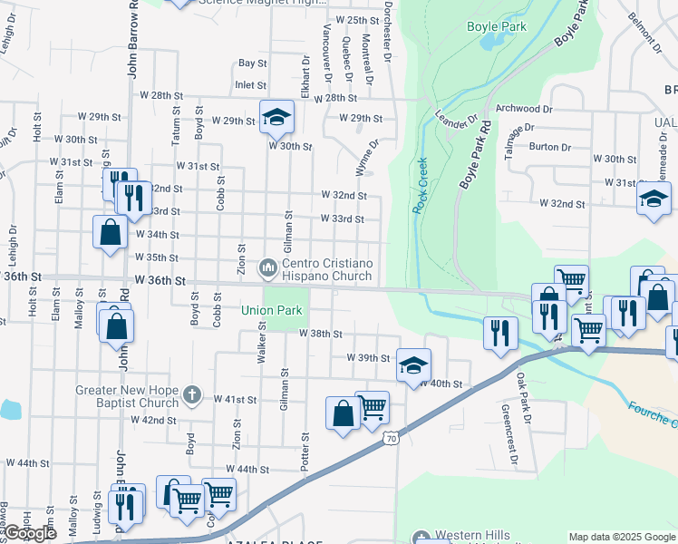 map of restaurants, bars, coffee shops, grocery stores, and more near 3524 Wynne Street in Little Rock
