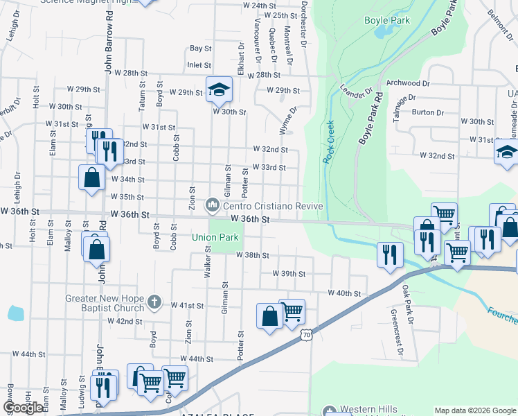 map of restaurants, bars, coffee shops, grocery stores, and more near 7924 West 36th Street in Little Rock