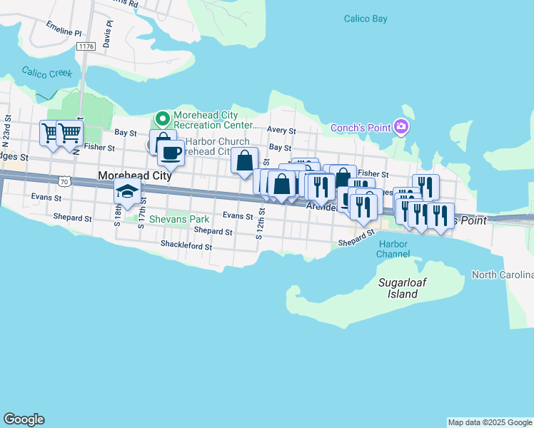 map of restaurants, bars, coffee shops, grocery stores, and more near 1110 Evans St in Morehead City