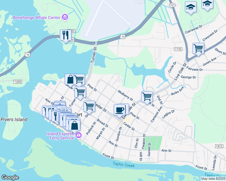 map of restaurants, bars, coffee shops, grocery stores, and more near 508 Pollock Street in Beaufort