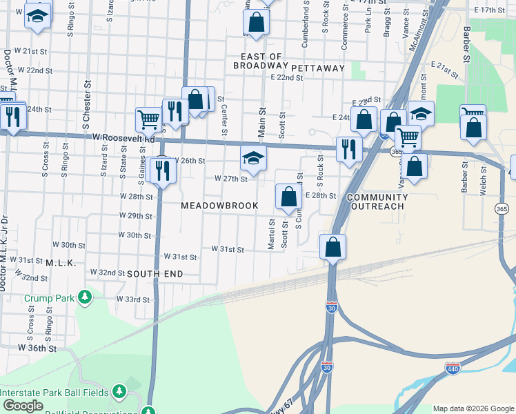 map of restaurants, bars, coffee shops, grocery stores, and more near 2904 South Main Street in Little Rock