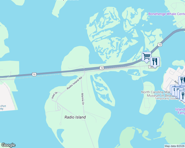 map of restaurants, bars, coffee shops, grocery stores, and more near 238 Old Causeway Rd in Beaufort