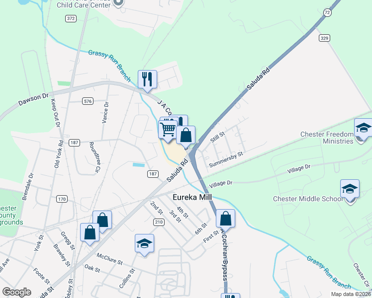 map of restaurants, bars, coffee shops, grocery stores, and more near 699 Saluda Road in Chester