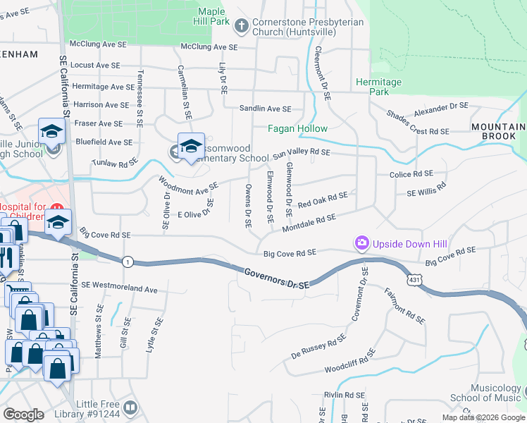 map of restaurants, bars, coffee shops, grocery stores, and more near 1508 Elmwood Drive Southeast in Huntsville