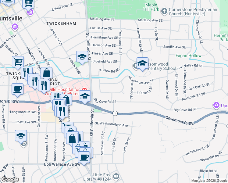 map of restaurants, bars, coffee shops, grocery stores, and more near 1600 Hopkins Street Southeast in Huntsville