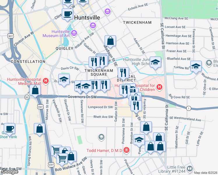map of restaurants, bars, coffee shops, grocery stores, and more near 914 Gallatin Street Southwest in Huntsville