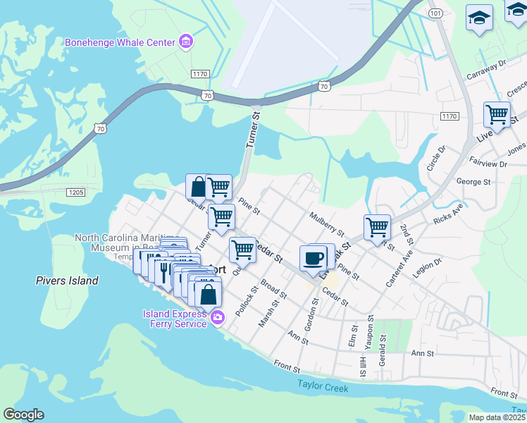 map of restaurants, bars, coffee shops, grocery stores, and more near 509 Pine Street in Beaufort