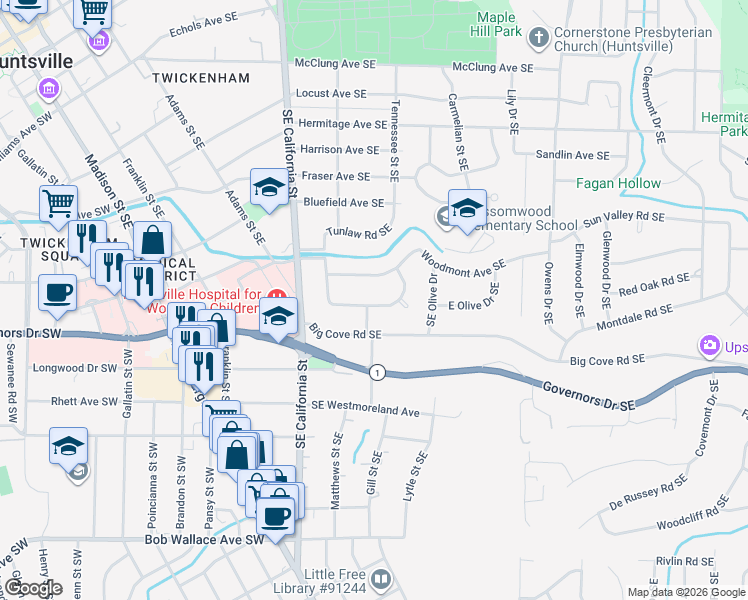 map of restaurants, bars, coffee shops, grocery stores, and more near 1600 Hopkins Street Southeast in Huntsville