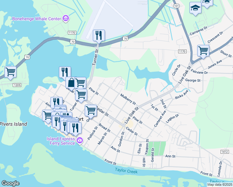 map of restaurants, bars, coffee shops, grocery stores, and more near 610 Mulberry Street in Beaufort