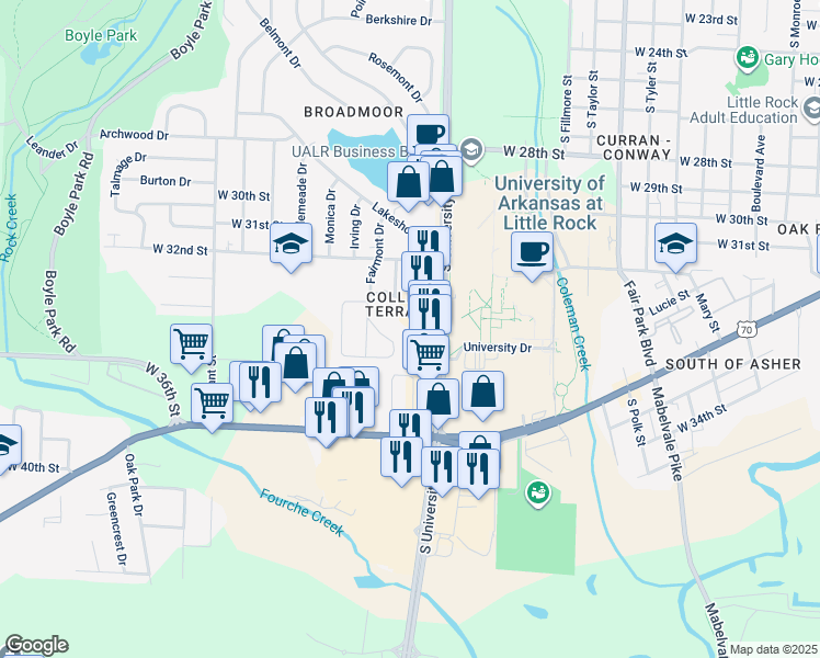 map of restaurants, bars, coffee shops, grocery stores, and more near 3408 South University Avenue in Little Rock