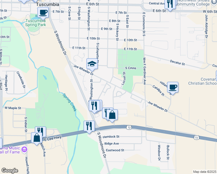map of restaurants, bars, coffee shops, grocery stores, and more near 108 Timberline Street in Tuscumbia
