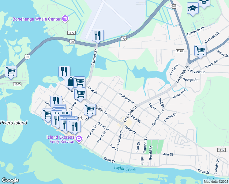 map of restaurants, bars, coffee shops, grocery stores, and more near 610 Mulberry Street in Beaufort