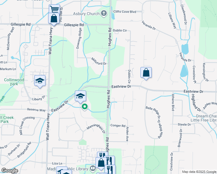 map of restaurants, bars, coffee shops, grocery stores, and more near Hughes Road in Madison