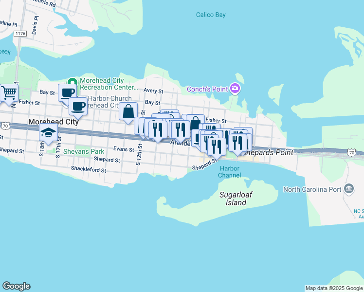 map of restaurants, bars, coffee shops, grocery stores, and more near 903 Evans Street in Morehead City
