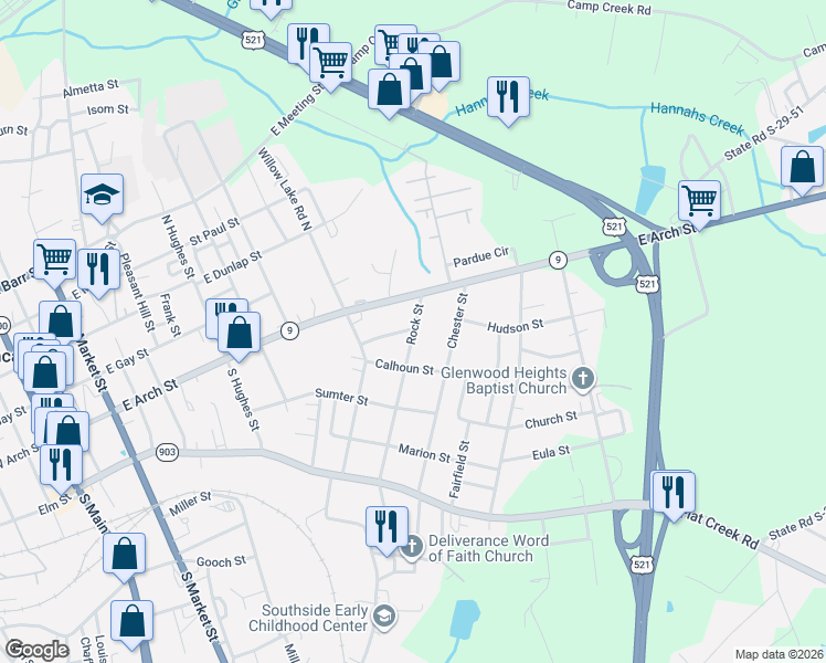map of restaurants, bars, coffee shops, grocery stores, and more near 313 Rock Street in Lancaster