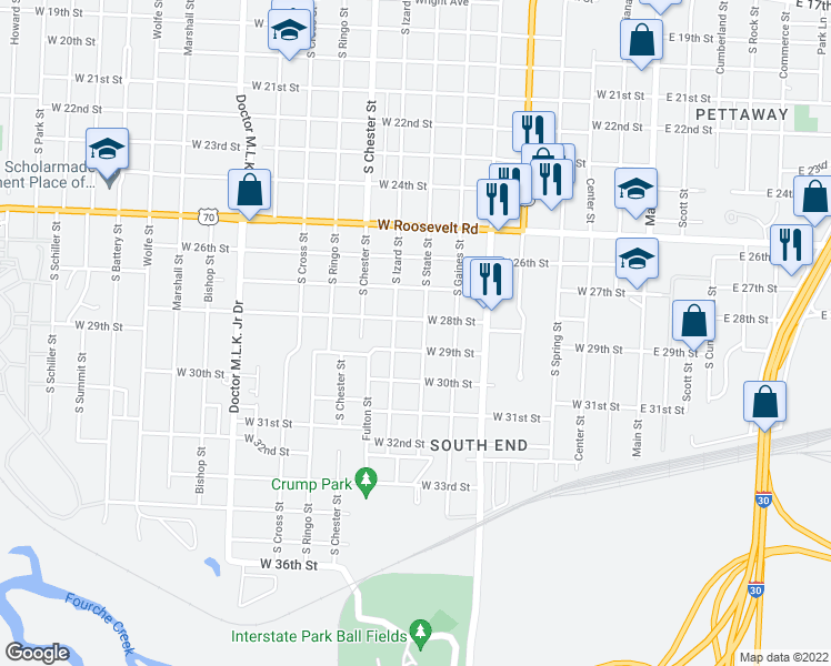 map of restaurants, bars, coffee shops, grocery stores, and more near 2900 South State Street in Little Rock