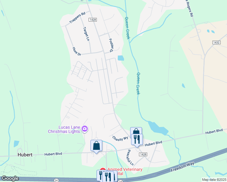 map of restaurants, bars, coffee shops, grocery stores, and more near 107 Englewood Drive in Hubert
