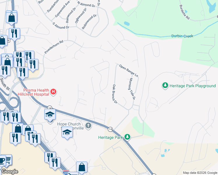 map of restaurants, bars, coffee shops, grocery stores, and more near 6 Valeria Place in Simpsonville