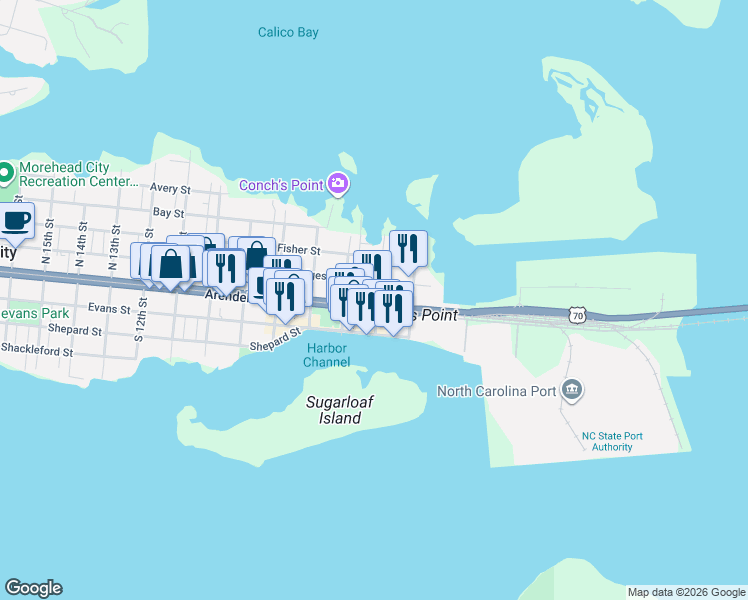 map of restaurants, bars, coffee shops, grocery stores, and more near 500 Bridges Street in Morehead City