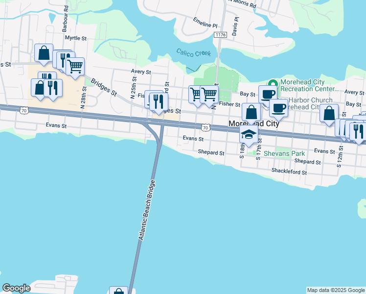 map of restaurants, bars, coffee shops, grocery stores, and more near 2108 Shepard Street in Morehead City