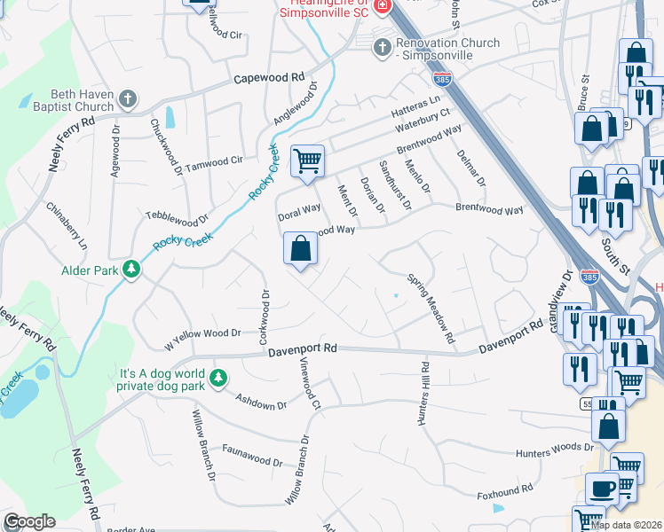 map of restaurants, bars, coffee shops, grocery stores, and more near 18 Yolon Way in Simpsonville