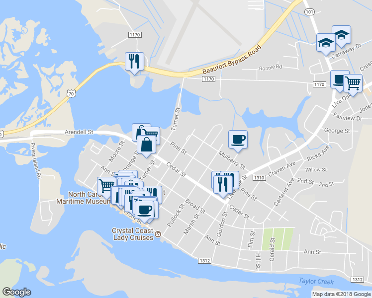 map of restaurants, bars, coffee shops, grocery stores, and more near 505 Pine Street in Beaufort