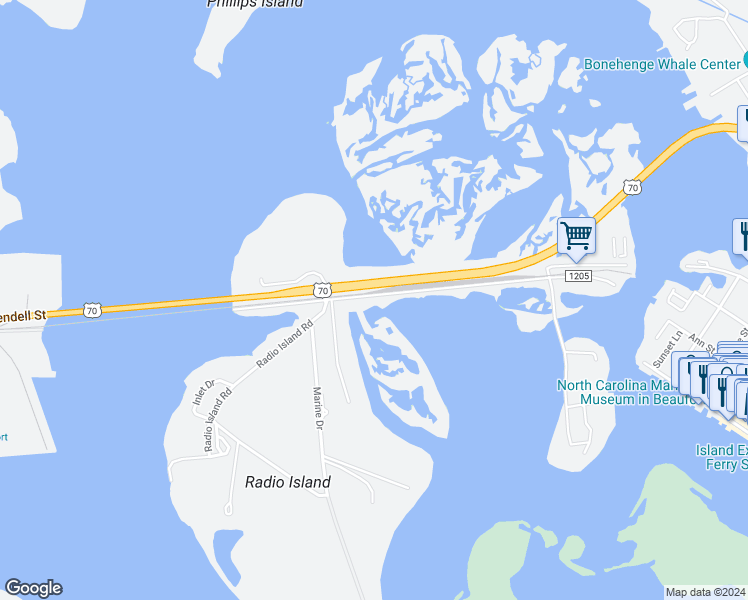 map of restaurants, bars, coffee shops, grocery stores, and more near 238 Old Causeway Rd in Beaufort