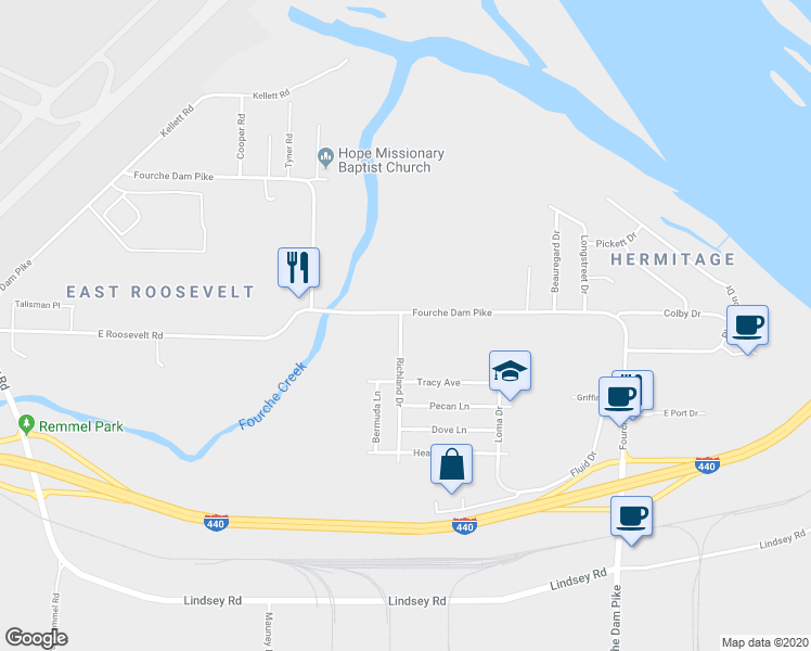 map of restaurants, bars, coffee shops, grocery stores, and more near 6507 Fourche Dam Pike in Little Rock