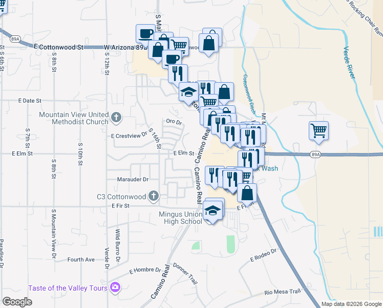 map of restaurants, bars, coffee shops, grocery stores, and more near 950 Camino Real in Cottonwood
